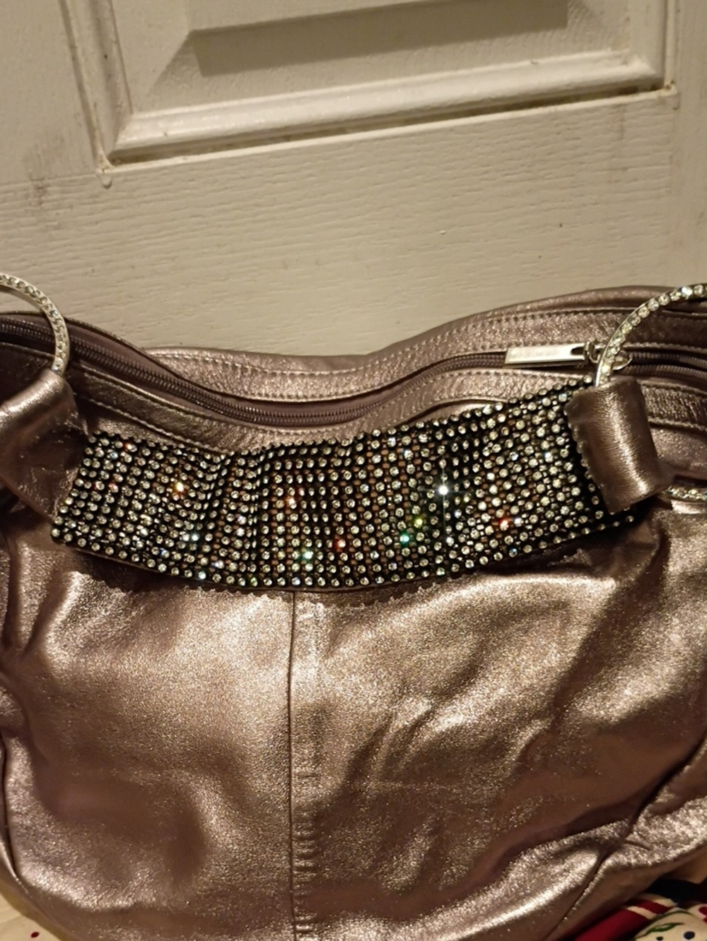 Metallic Taupe Rhinestone Accent Key & Card Holder - Women Accessories